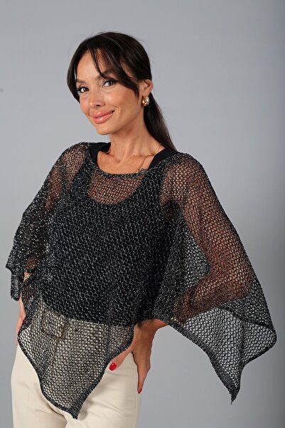 By Saygı Women's Mesh Knit Asymmetrical Cut Poncho Blouse