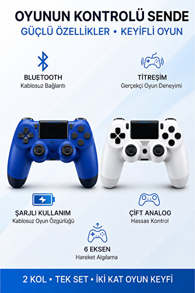 Maybax 2'li Kablosuz Oyun Kolu Seti Bluetooth Titreşimli Şarjlı PC Laptop Tablet Telefon Uyumlu Mavi ve Beyaz