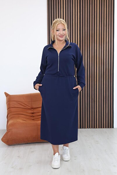 Siyezen Plus Size Zipper Dress with Drawstring Detail