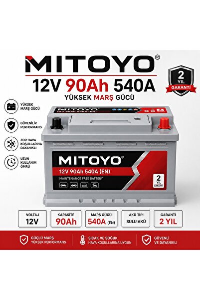 MITOYO 12V 90Ah 540A Otomobil Aküsü Yüksek Marş Gücü 2 Yıl Garantili