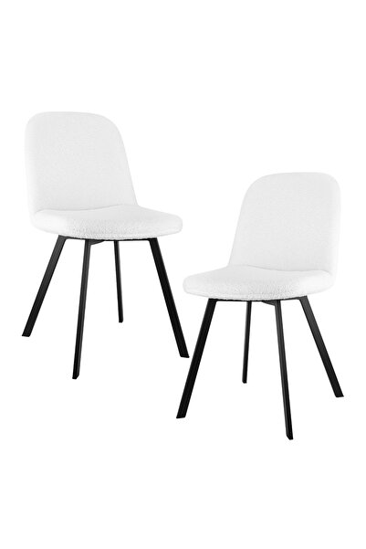 GENERAL Set 2 Scaune Dining Moderne, 40x44x84 cm,Tapițerie Bouclé Alb, Picioa...