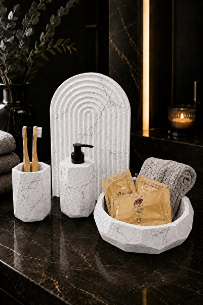 betonmall 4 Piece Marble Patterned Concrete Bathroom Set Presentation Tray Li...
