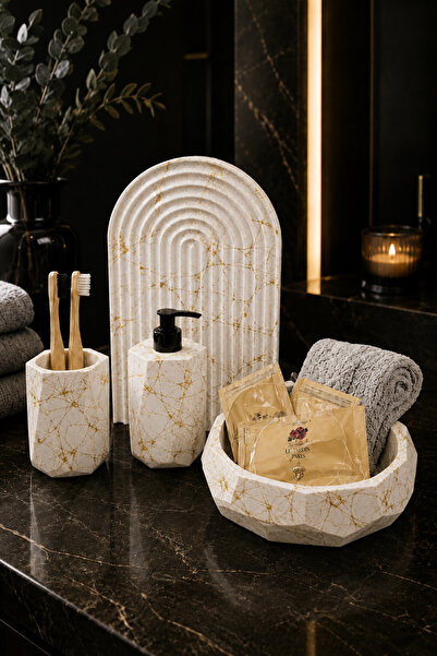 betonmall 4 Piece Marble Patterned Concrete Bathroom Set Presentation Tray Li...