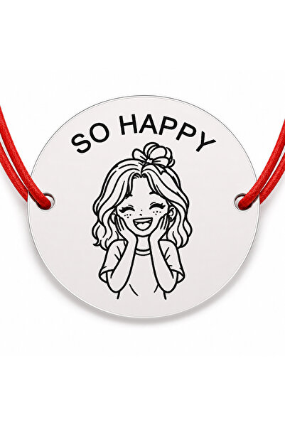 Simoshop Bratara argint 925 cu banut gravat SO HAPPY, snur rosu reglabil, 22 mm