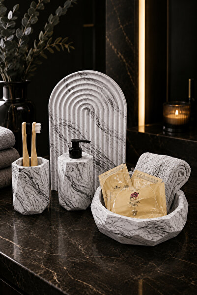 betonmall 4 Piece Marble Patterned Concrete Bathroom Set Presentation Tray Li...
