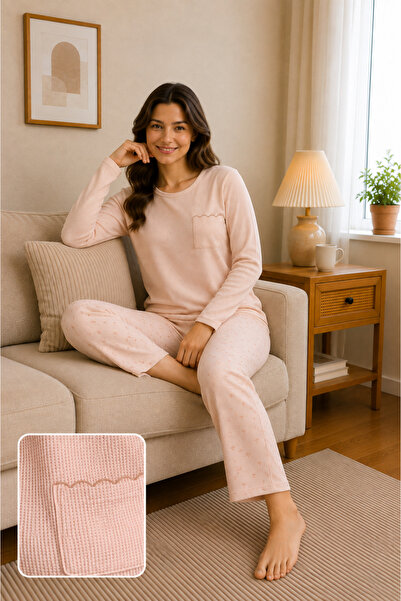 Kadın Waffle Dokulu Uzun Kollu Pijama Takımı