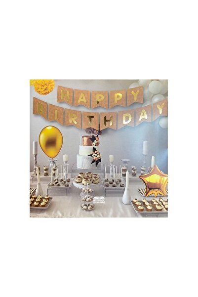 HEDİYEVİM Parlak Yaldızlı Banner Happy Birthday Kraft Gold