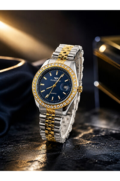 Goldpower Stainless Steel Stone Detailed Calendar Top Quality Wristwatch