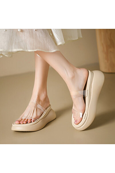 dorbe Women's Beige Clear Strap Platform Sandals