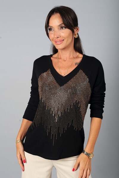 By Saygı Women's Front Vertical Stone Embroidered V-Neck Long Sleeve Blouse