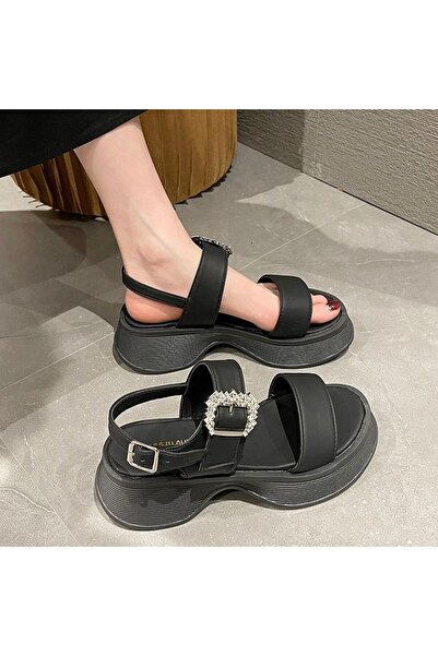 dorbe Women's Black Block Heel Buckle Sandals