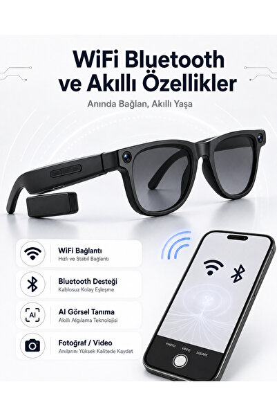 EN SİGA Yapay Zeka 8 MP Kameralı Akıllı Gözlük WiFi Bluetooth Fotoğraf Video Çeviri 3 Lensli