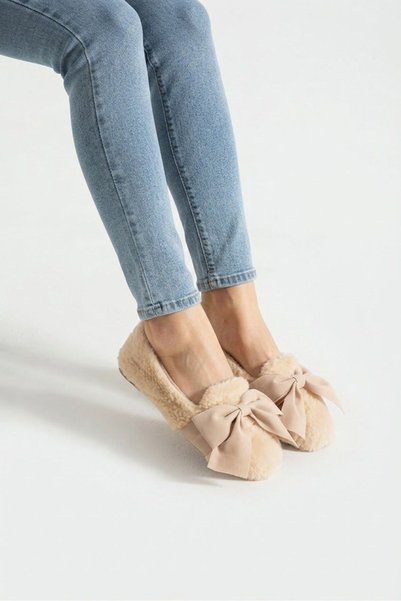 FEMME FATALE Women's Winter Ballet Flats with Bow Ribbon Detail, Indoor-Outdoor