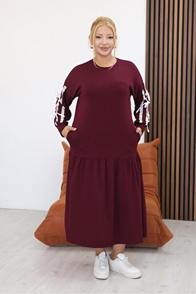 Siyezen Plus Size Modal Fabric Dress with Bow Detail on the Sleeves