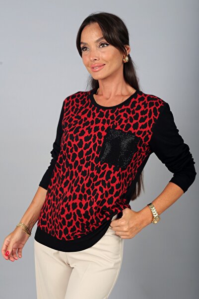 By Saygı Women's Leopard Patterned Round Neck Long Sleeve Blouse