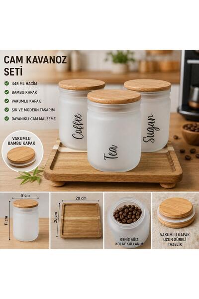 BİZ ZÜCCACİYE Akasya 3-Piece Storage Jar with Stand for Tea-Sugar-Coffee (445...