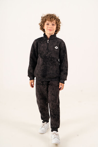 Rotito Boy's Tie-Dye Patterned Half-Zipper 3 Thread Sweatshirt Tracksuit Set