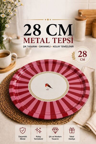 HAZARPAZAR Dekoratif Yuvarlak Metal Tepsi – Sunum Tabağı Çizgili Desenli Kuş ...