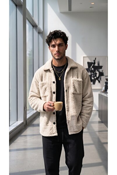 CAST COLLECTİON Men's Light Beige Cinnamon Buttoned Plush Jacket
