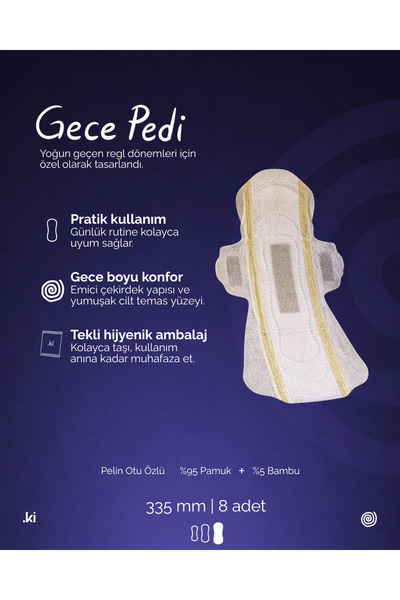 ki Premium Gece Hijyenik Ped 335 mm - 8'li %95 Pamuk %5 Bambu
