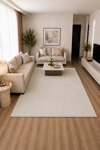 Lionhome LH Düz Renk Krem Peluş Halı Kaymaz Taban Düz Saçaksız Yıkanabilir Halı