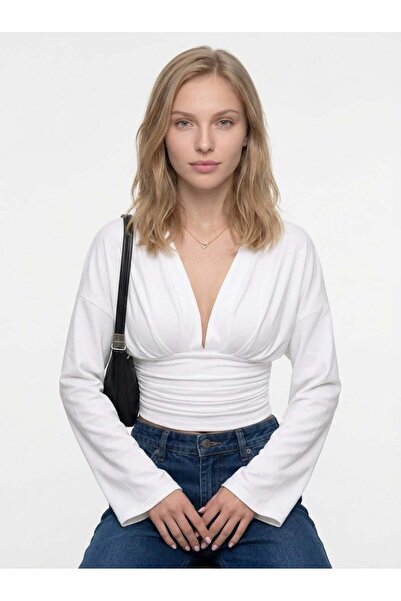 Cupla Women's Loose Sleeves, Fitted Waist, Half Sleeve, Stretchy Blouse, White