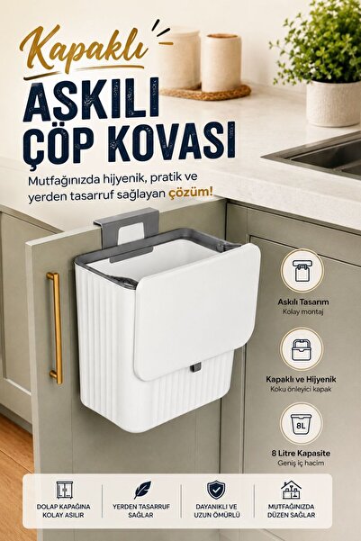 HAZARPAZAR 8 Litre Mutfak Tezgah Üstü ve Dolap Askılı Çöp Kovası | Kapaklı Pr...
