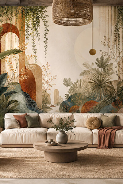 dreamwall Altın Ufuk Bahçeleri Boho Botanik Desenli Tek Parça Tekstil Duvar Kağıdı