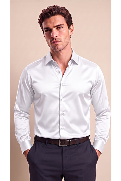 viyamen Men's Slim Fit Classic Satin Shirt Long Sleeve Modern Cut