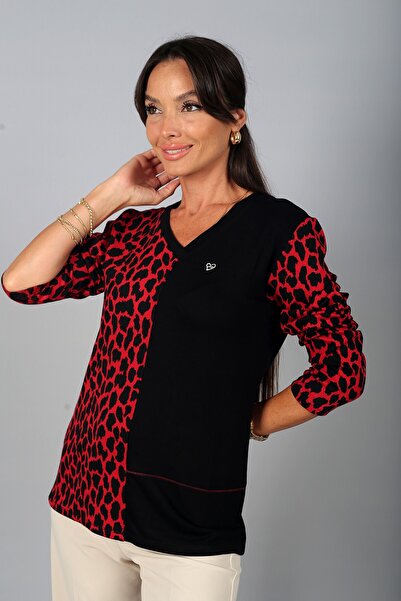 By Saygı Women's Leopard Patterned Heart Brooch V-Neck Long Sleeve Blouse