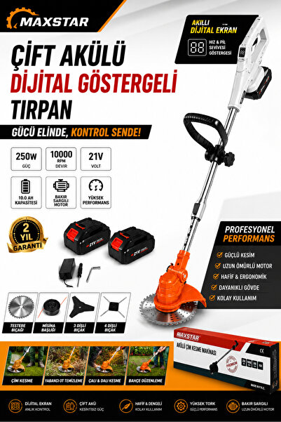 sweden one+ Maxstar 21V Çift Akülü Dijital Göstergeli Şarjlı Tırpan Teleskopi...