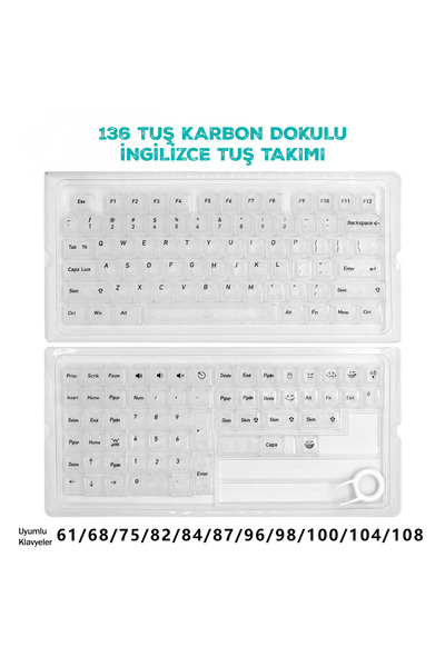 silabor 136 Tuş İngilizce PBT Tuş Takımı – Şeffaf Karbon Fiber Desenli Mekani...