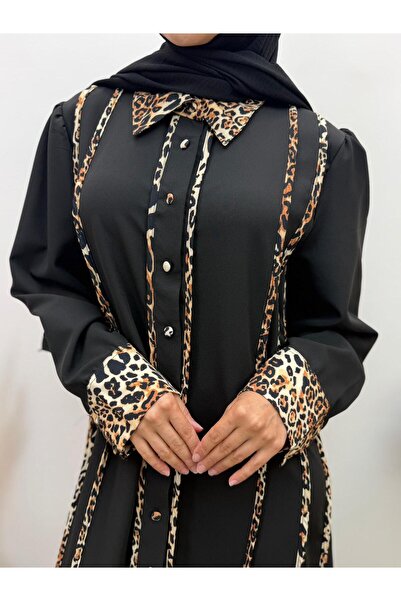 jooq Leopard Detailed Buttoned Long Hijab Dress