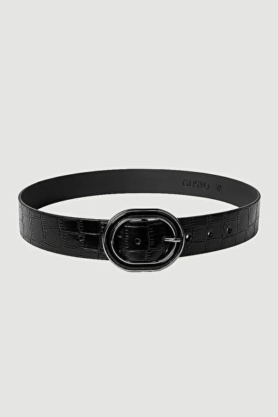 Gusto Curea din piele artificială cu model crocodil și cataramă ovală - Negru