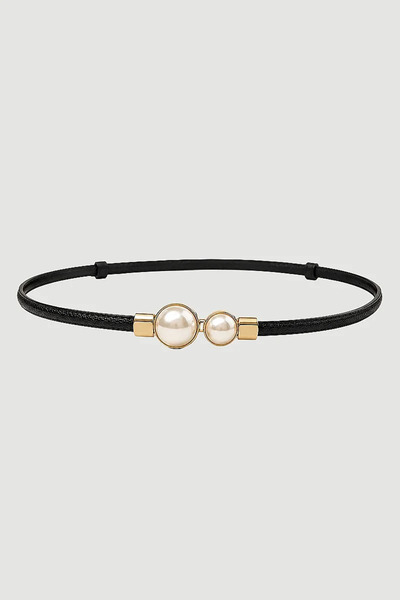 Gusto Adjustable Thin Belt with Pearl Buckle - Black