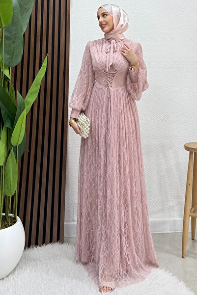 GİYZAMİLA Bergen Dantel Abiye Soft Pembe