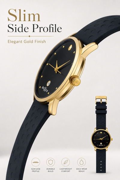 BOXER Analog Wrist Watch – Black Minimalist Dial, Gold-Tone Case, Black Textu...