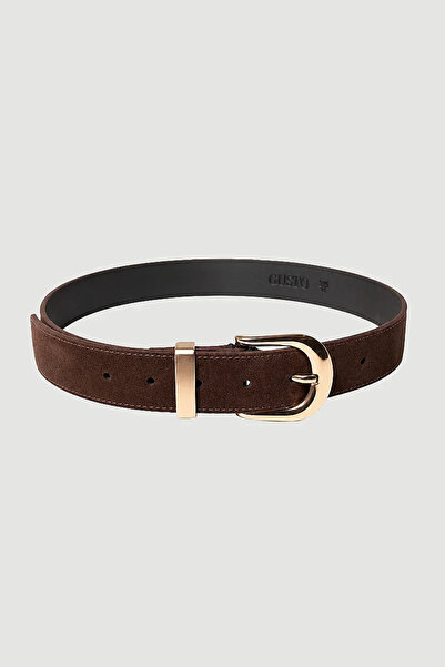 Gusto Faux Suede Belt with Stitching Detail - Brown