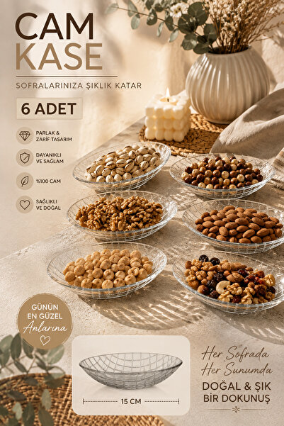 Porsima Vivaldi 4474 6'lı Oval Cam Kase Seti 15 cm – Baklava Desenli Çerezlik, Reçellik ve Kahvaltılık