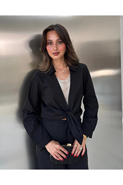 My Blog Black Beaded Collared Front Tie Shirt - 5128