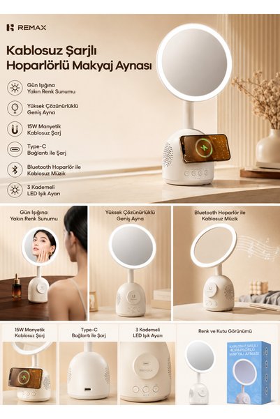 Remax 3'ü 1 Ara Makyaj Aynalı LED Masa Lambası - 15W Magsafe Kablosuz Şarj & ...