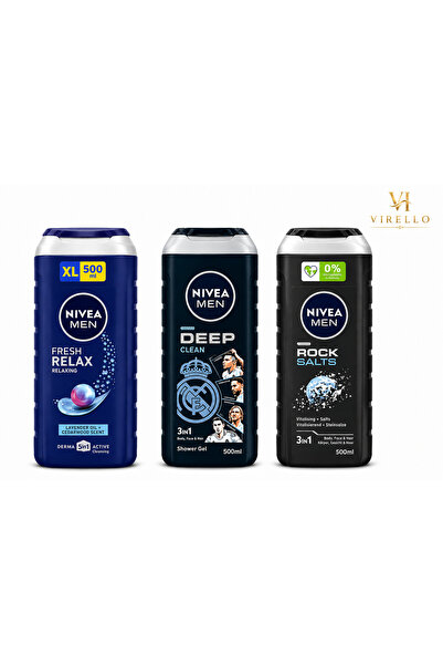 NIVEA Set 3 Geluri de Duș MEN 500 ml – Fresh Relax, Deep Clean și Rock Salts,...