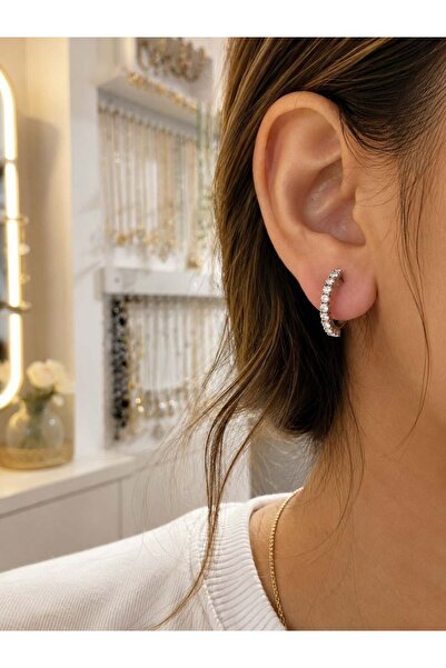 MARE BUTİK Zircon Stone Silver Hoop Clip-On Earrings