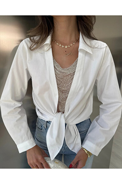 My Blog White Beaded Collar Tie-Front Shirt - 5128