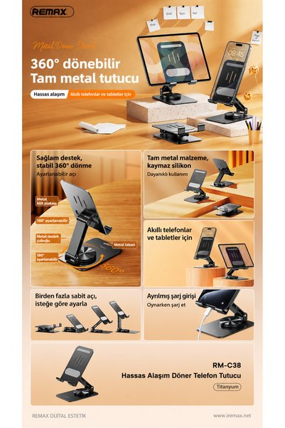 Remax Rm-C38 Precision Alloy 360 °   Rotating Metal Desktop Phone and Tablet Holder Stand