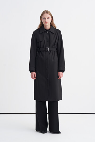 Zühre Wide Collar Belted Classic Black Trench Coat 14208