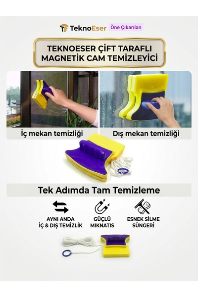 TeknoEser Çift Taraflı Mıknatıslı Cam Silici Pratik Cam Temizleme Aparatı Güv...