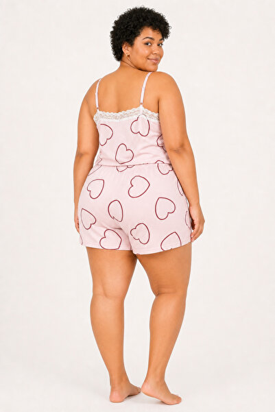 Bravie Women's Plus Size Rope Strap Lace Collar Heart Pink Summer Pajama Set
