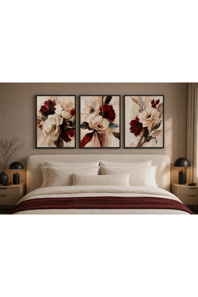 TekTablo Borda Cream Color Flowers 3-Piece Painting Set, Wall Decoration