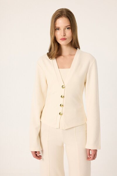 Touché Privé Gold Buttoned V-Neck Tricot Cardigan